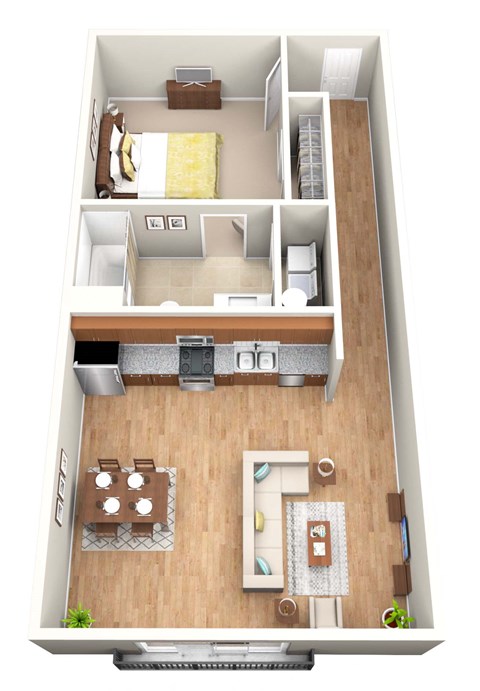 Floor plan for 1 bed, 1 bath, 637 sqft